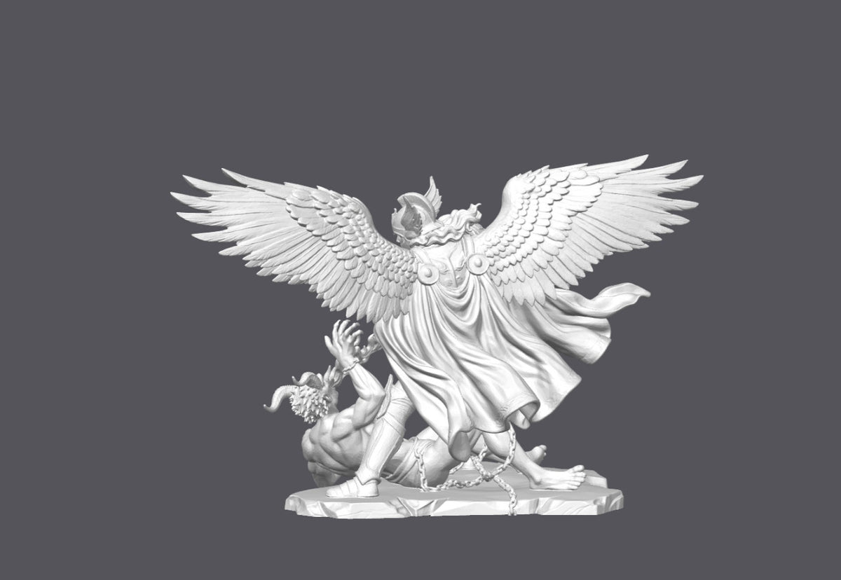Arcángel San Miguel vs demonio encadenado — Escultura decorativa artesanal | Atenea