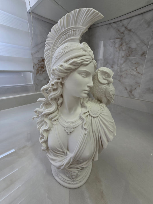 Busto Atenea con búho — Escultura decorativa artesanal | Atenea
