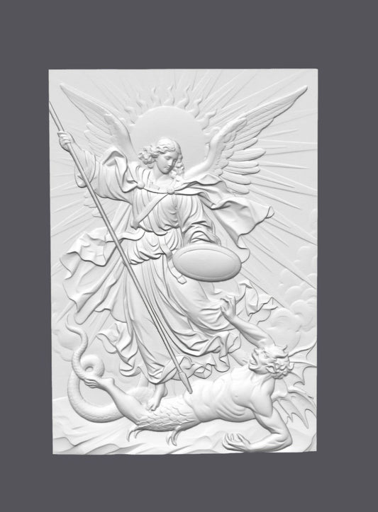 Relieve doble del Arcángel San Miguel — Escultura decorativa artesanal | Atenea