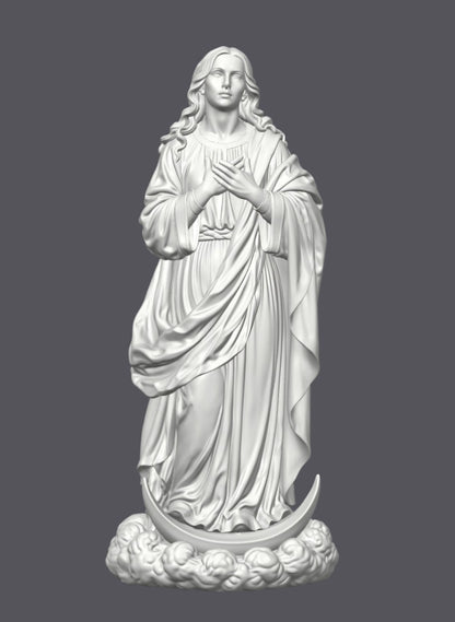 Virgen María con luna y nubes a los pies — Escultura decorativa artesanal | Atenea