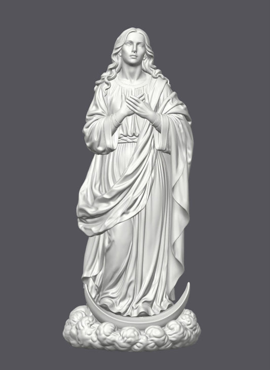 Virgen María con luna y nubes a los pies — Escultura decorativa artesanal | Atenea