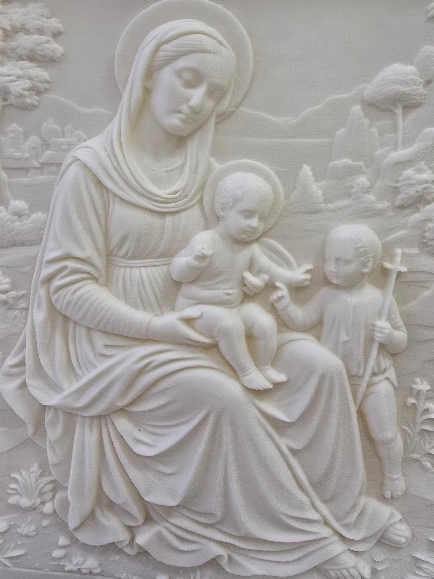 Relieve Virgen María con niño — Escultura decorativa artesanal | Atenea