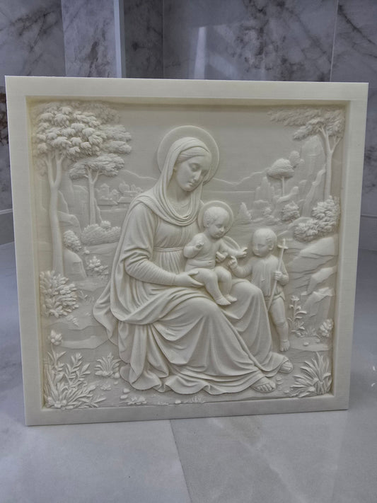 Relieve Virgen María con niño — Escultura decorativa artesanal | Atenea