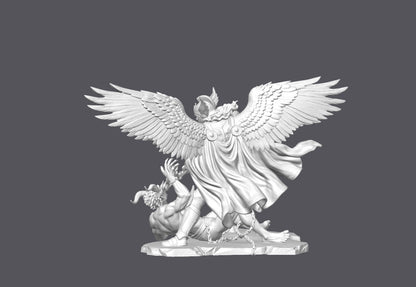 Arcángel San Miguel vs demonio encadenado — Escultura decorativa artesanal | Atenea