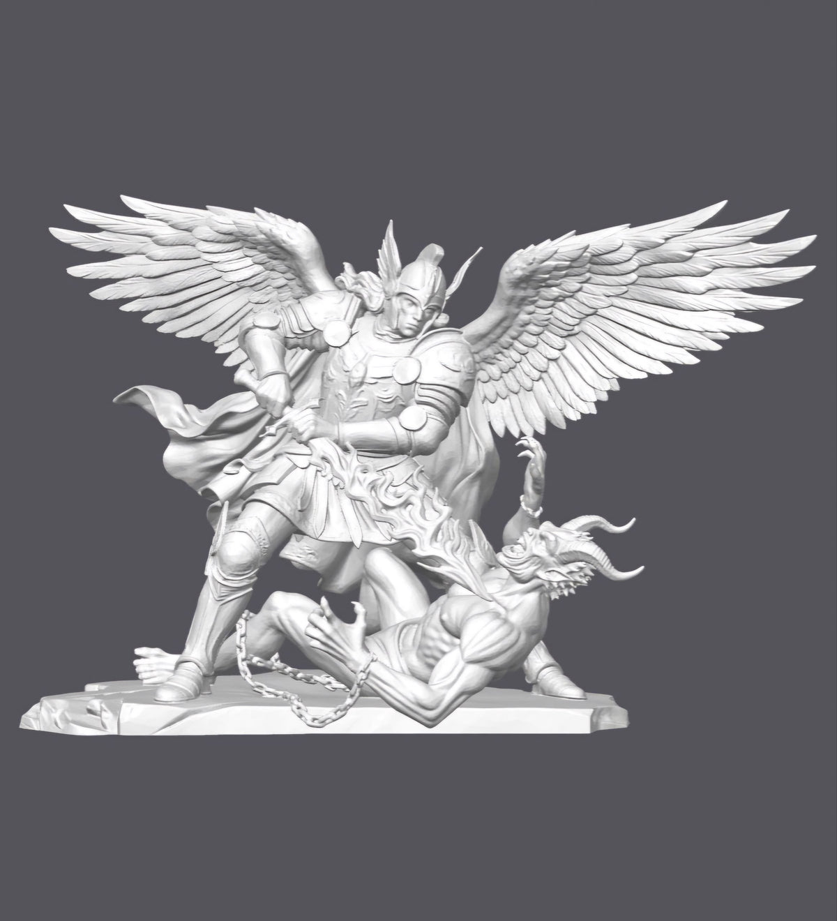 Arcángel San Miguel vs demonio encadenado — Escultura decorativa artesanal | Atenea
