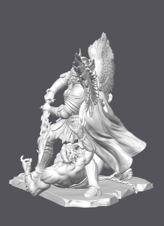 Arcángel San Miguel vs demonio encadenado — Escultura decorativa artesanal | Atenea