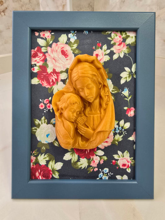 Virgen con niño Jesús — Cuadro con relieve artesanal | Atenea
