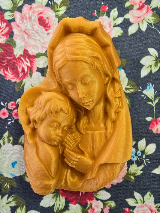 Virgen con niño Jesús — Cuadro con relieve artesanal | Atenea